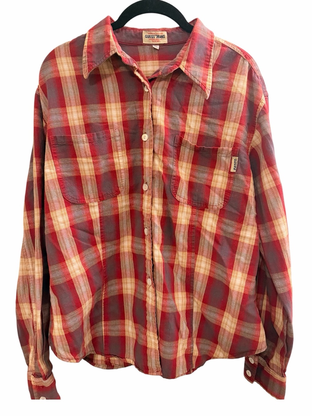 Vintage GUESS U.S.A. red and beige plaid 100% cotton button-up shirt